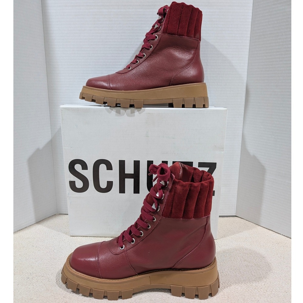 Schutz Sutton Dark Red Burgundy Leather Suede Lug Sole Combat Boots 7B NIB - Picture 7 of 11